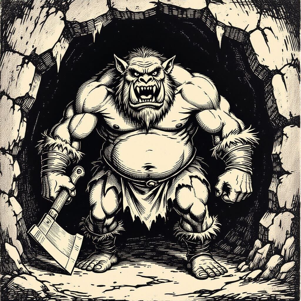 Giant Ogre Emerging from Cave in Medieval Woodcut Style