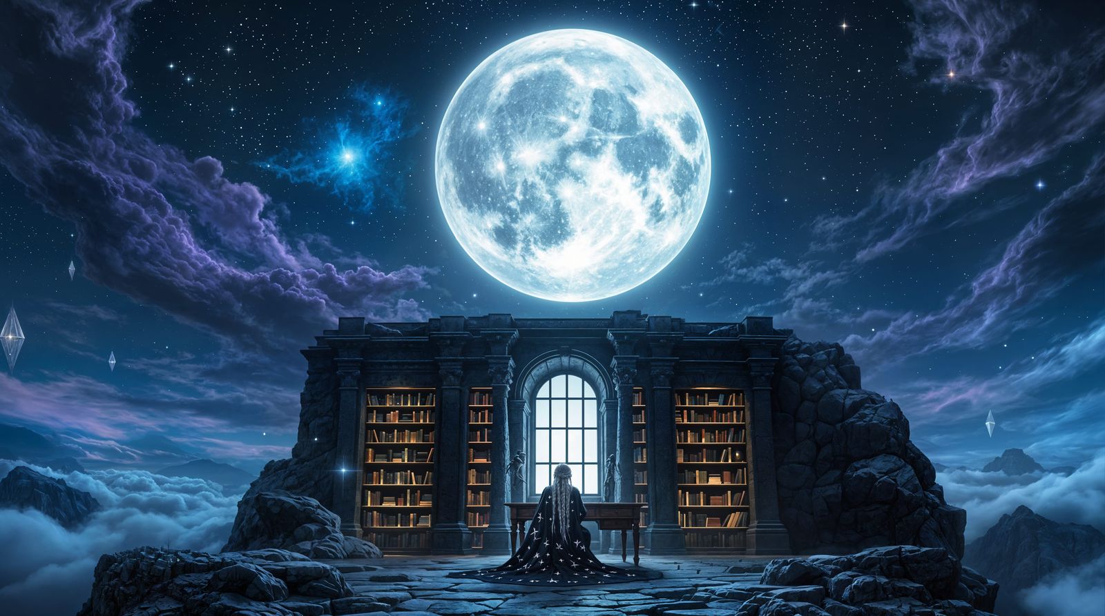 Enchanted Lunar Library in a Celestial Realm