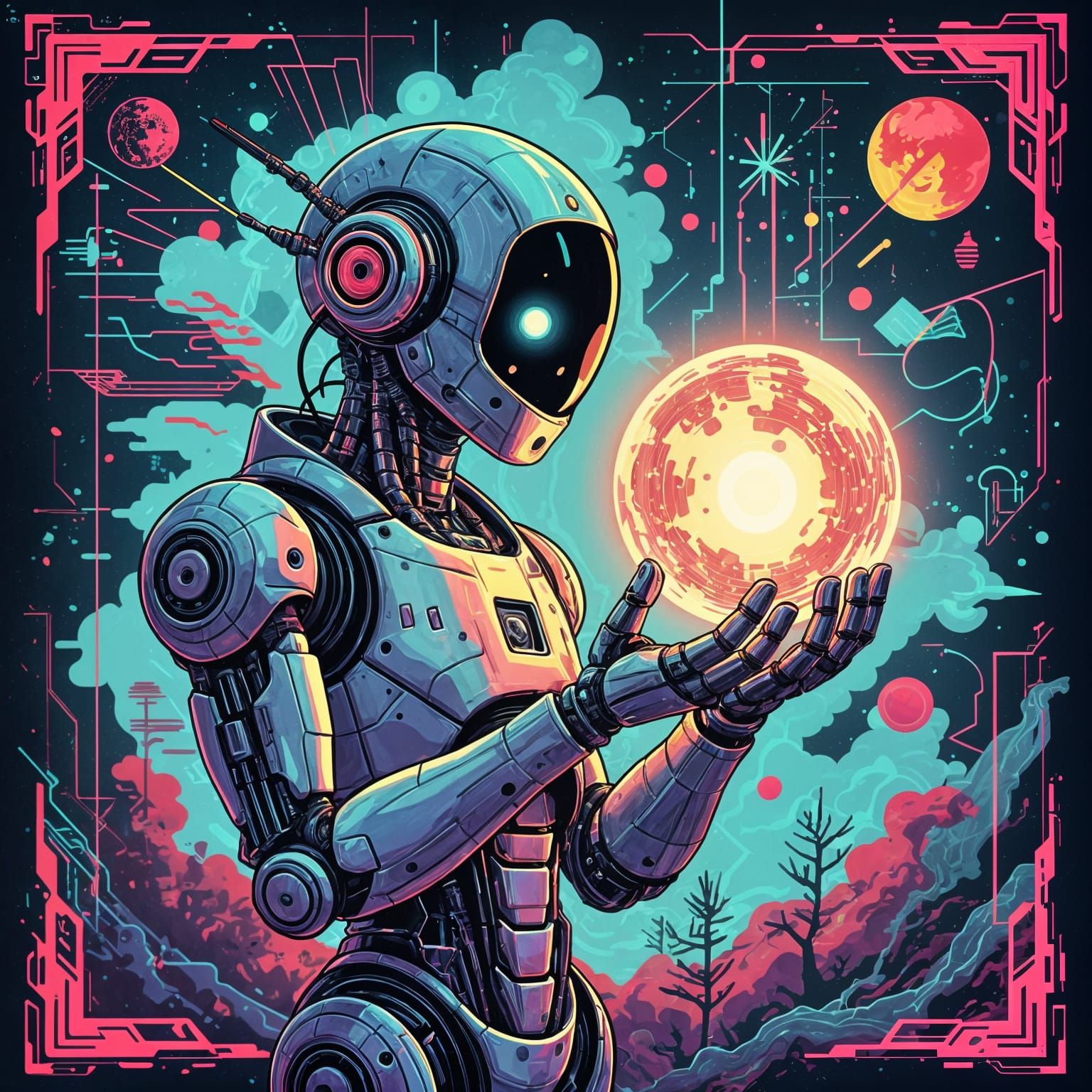 Robotic Figure with Glowing Orb, in Retro Illustration Style