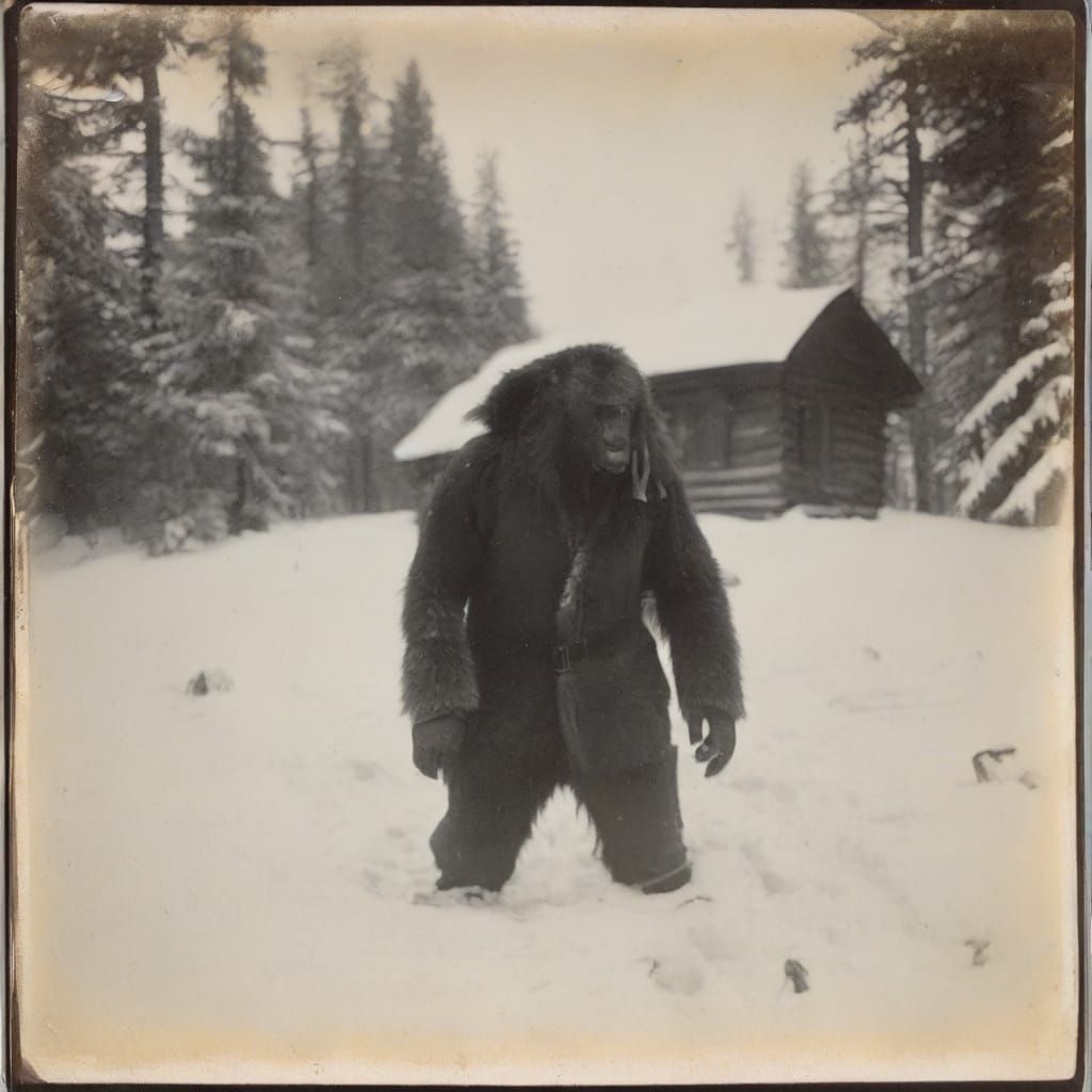 Bigfoot and Trapper in Snowy Oregon, Daguerreotype