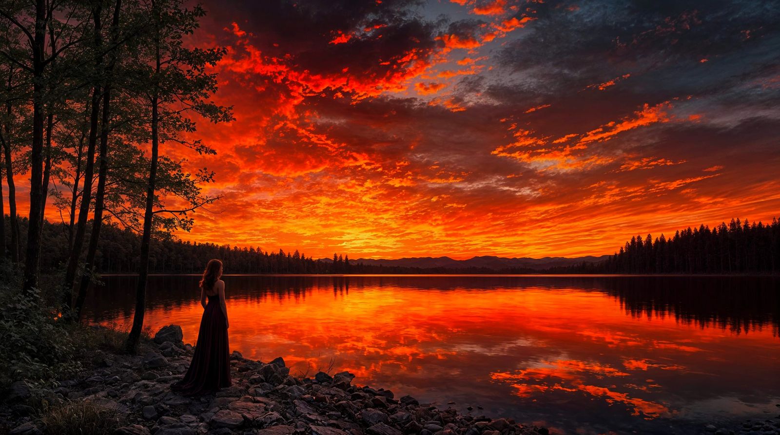 Fiery Sunset Reflected in Still Waters