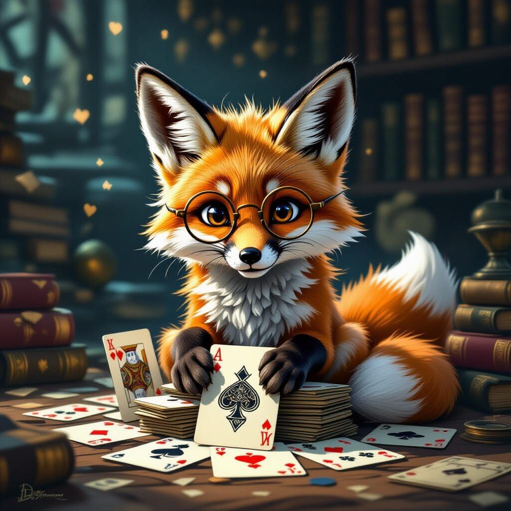 Enchanting Fox Cub Plays Cards in Dark Fantasy Study