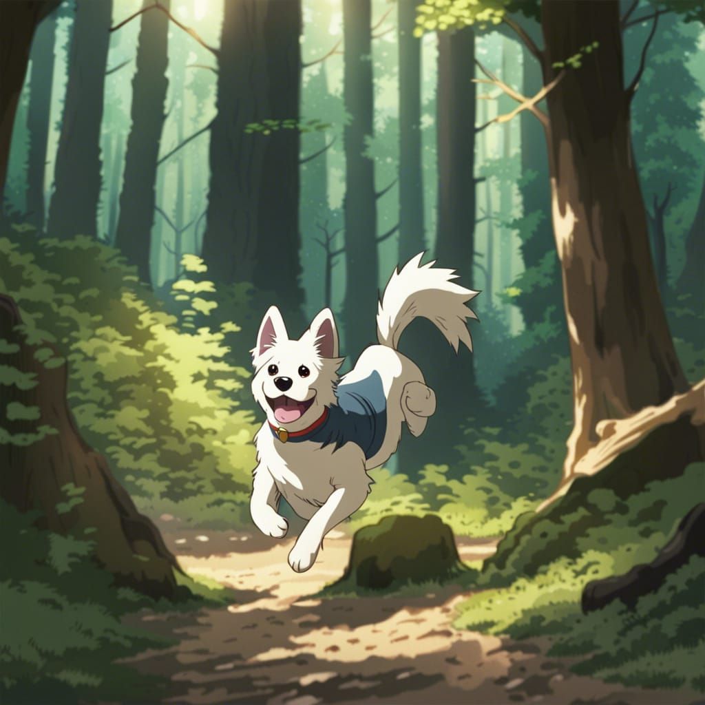 Dog Bounding Through Forest in Anime Style