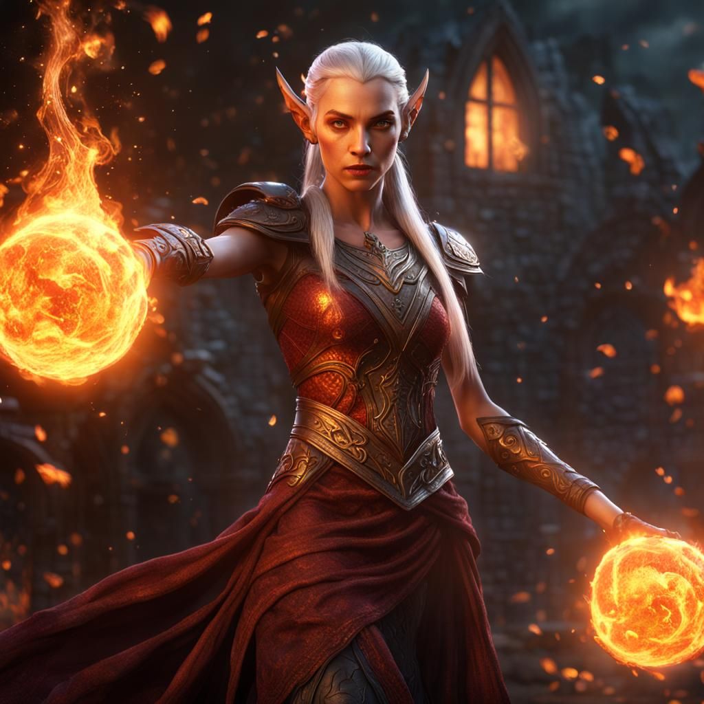 Elven Sorceress Casting Fireball: Fantasy Concept Art
