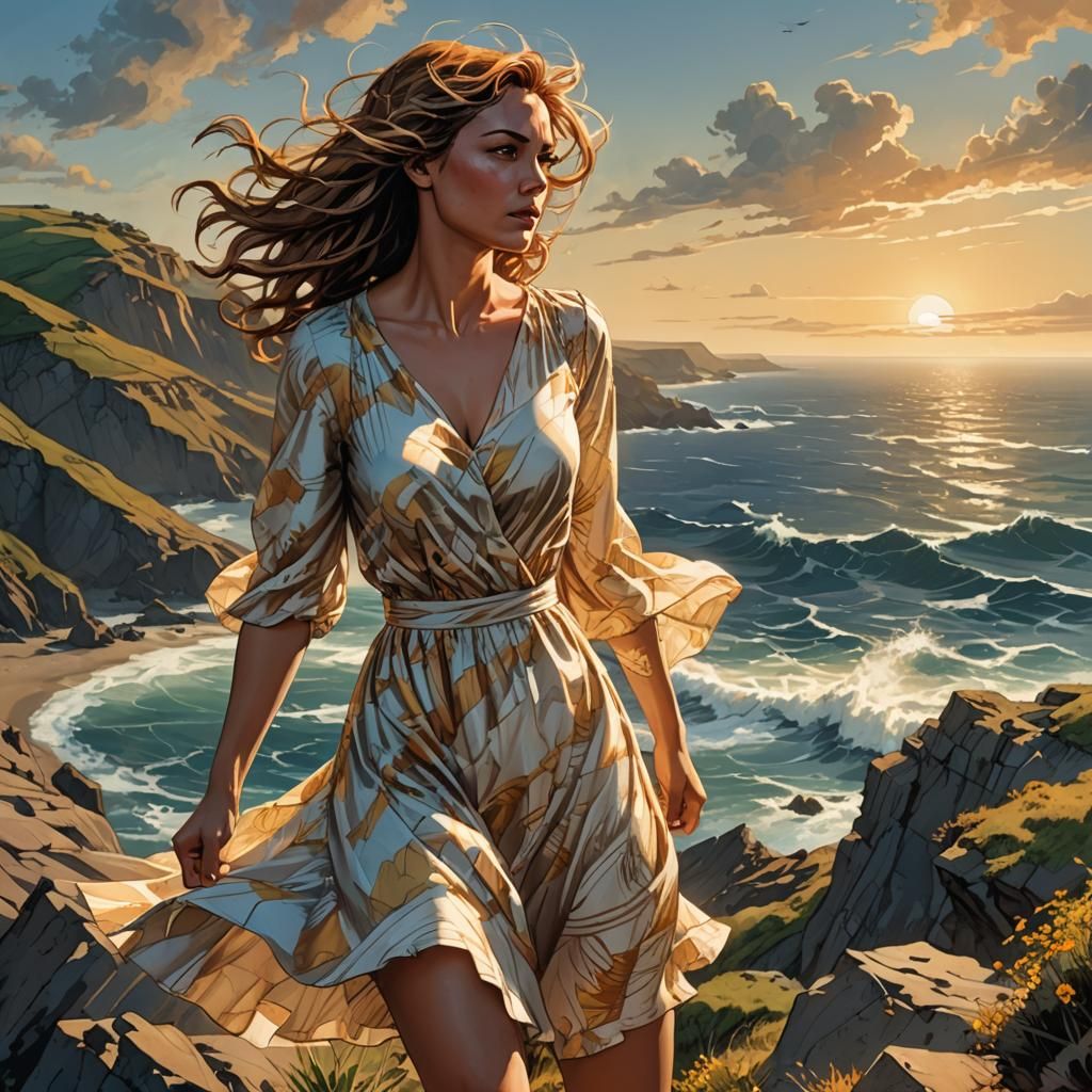 Cliffside Woman in Comic Book Art Style