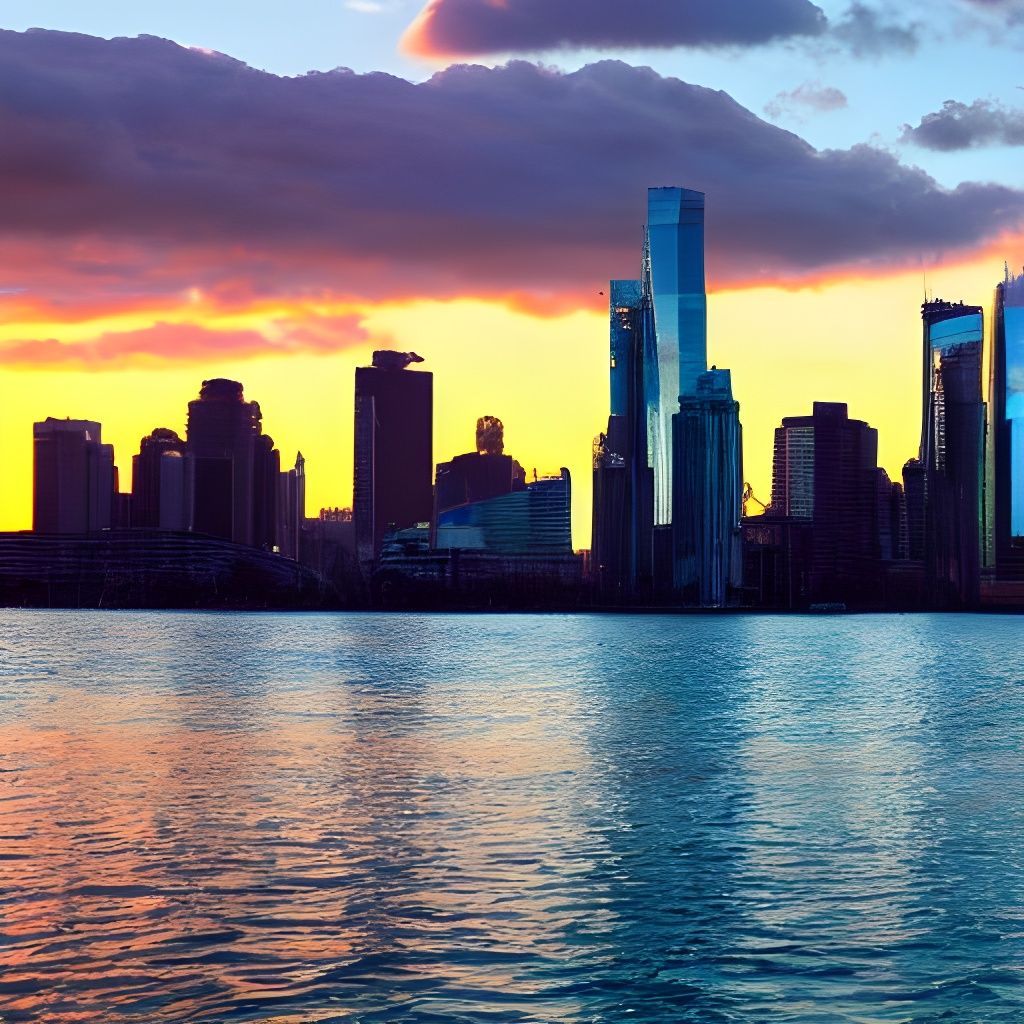 Sunset Cityscape Reflection Over Water