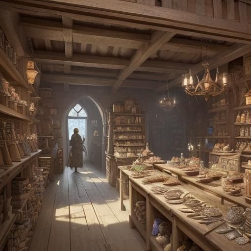 Messy Medieval General Store Interior: Fantasy Scene