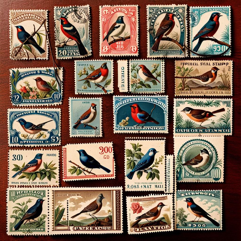 Vintage Stamps with Detailed Bird Illustrations