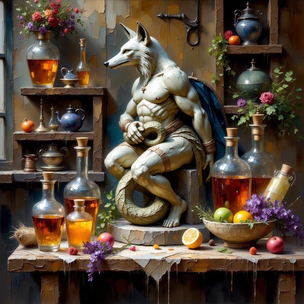 Fox Warrior Sculpture in Alchemist's Studio, Impasto Paintin...