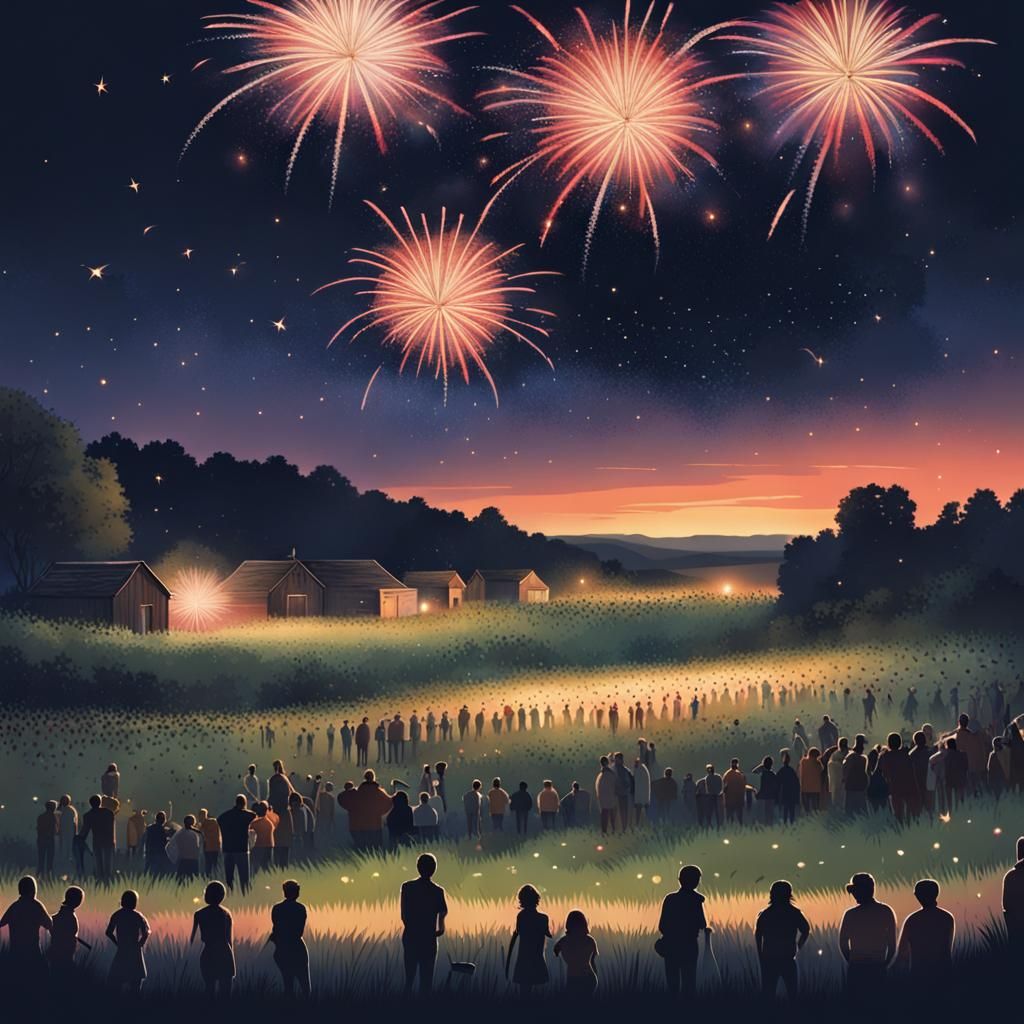 Midnight Fireworks Display over Countryside Field