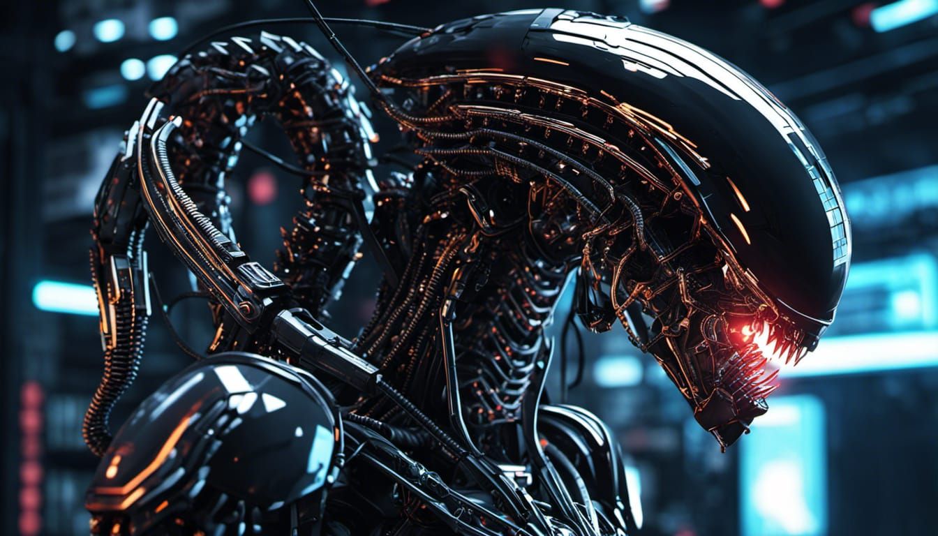 Cybernetic Xenomorph Queen Robot in Anime Style