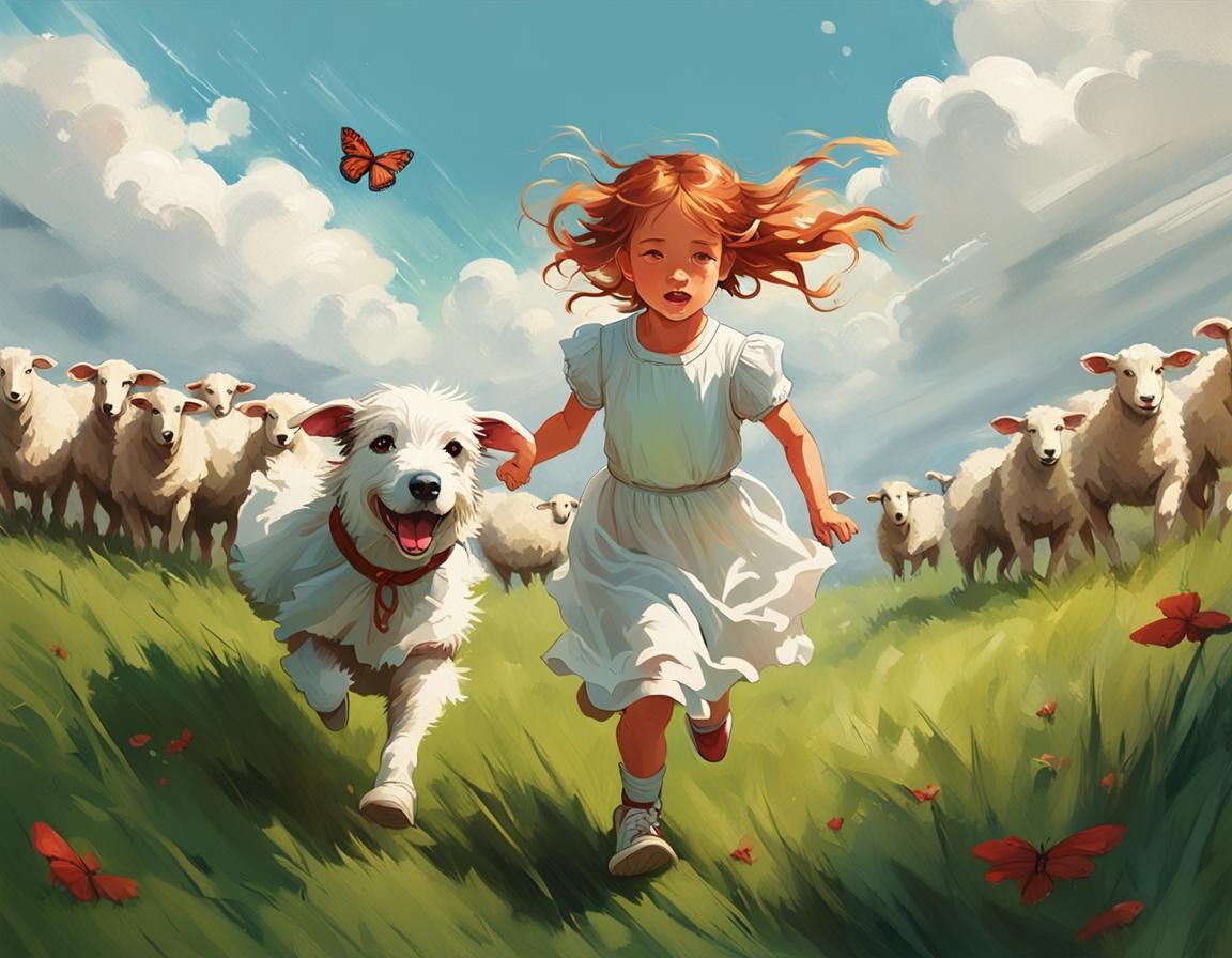 Girl with Dog and Sheep in a Sunny Meadow