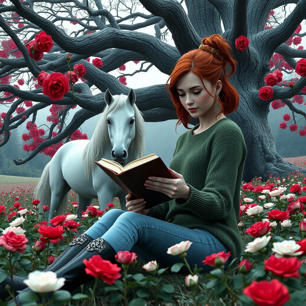 Surreal Woman Reads Under Ancient Tree with Majestic Guardia...