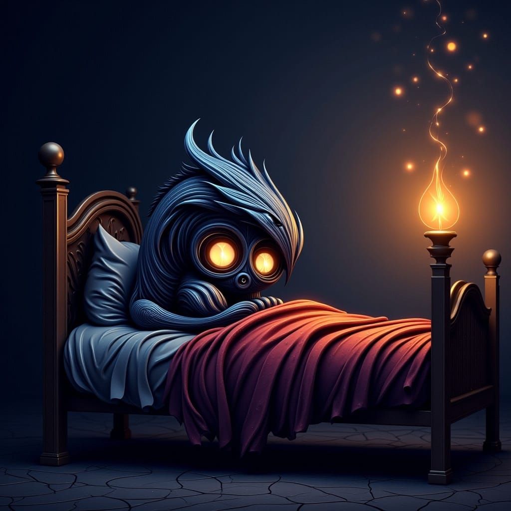 Terrified Chibi Dragon Hiding in Candlelit Bedroom