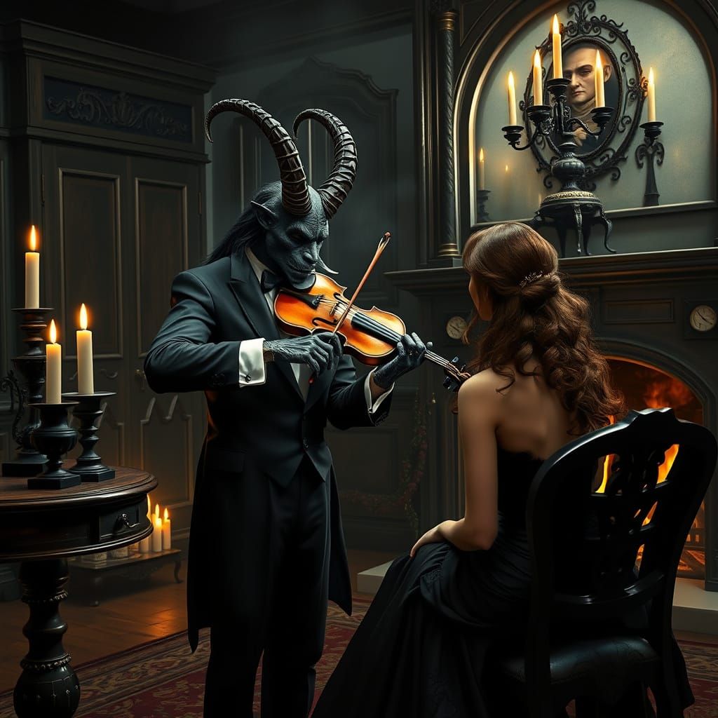 Krampus Plays Violin in Gothic Victorian Home