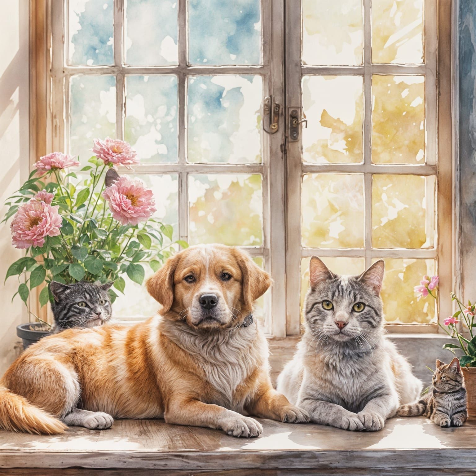 A dog sitting next to a cat.