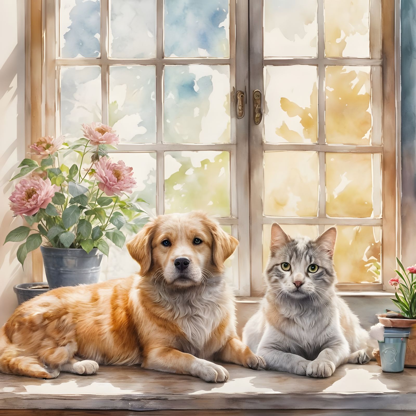 A dog sitting next to a cat