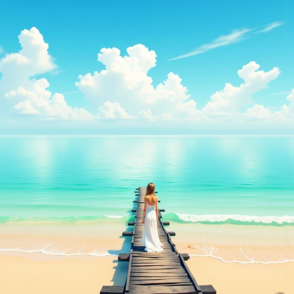 Woman on Pier in Calm Turquoise Waters