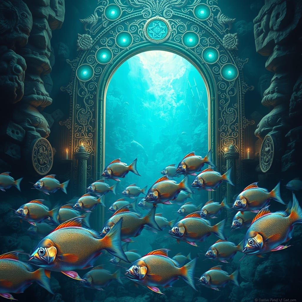 Majestic Atlantis Portal with Iridescent Fish