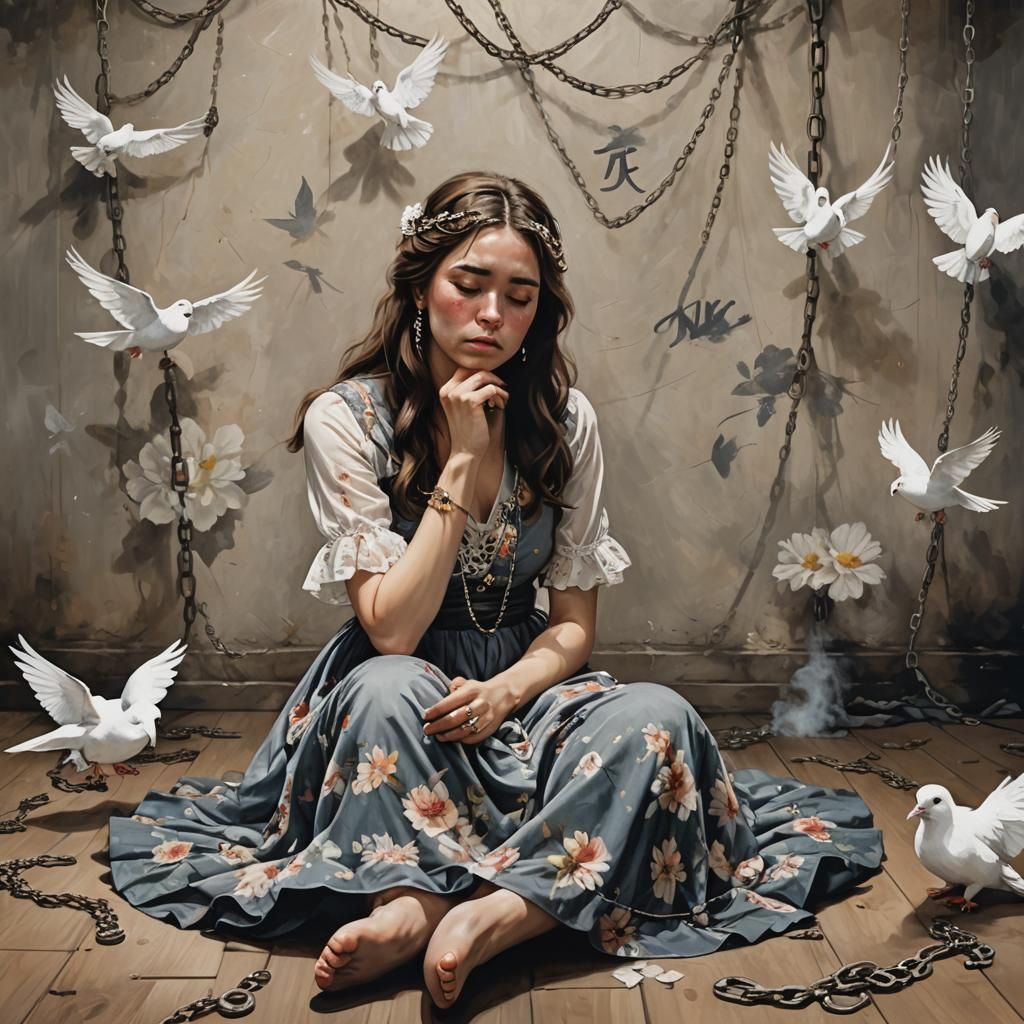 Sad Woman in Chains with Dove