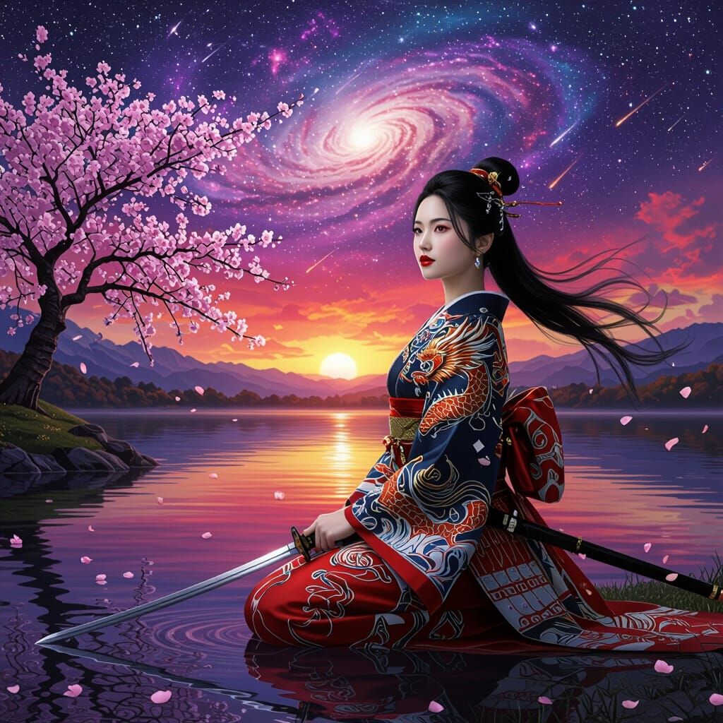 Enchanted Samurai Woman Kneeling by Cosmic Lake