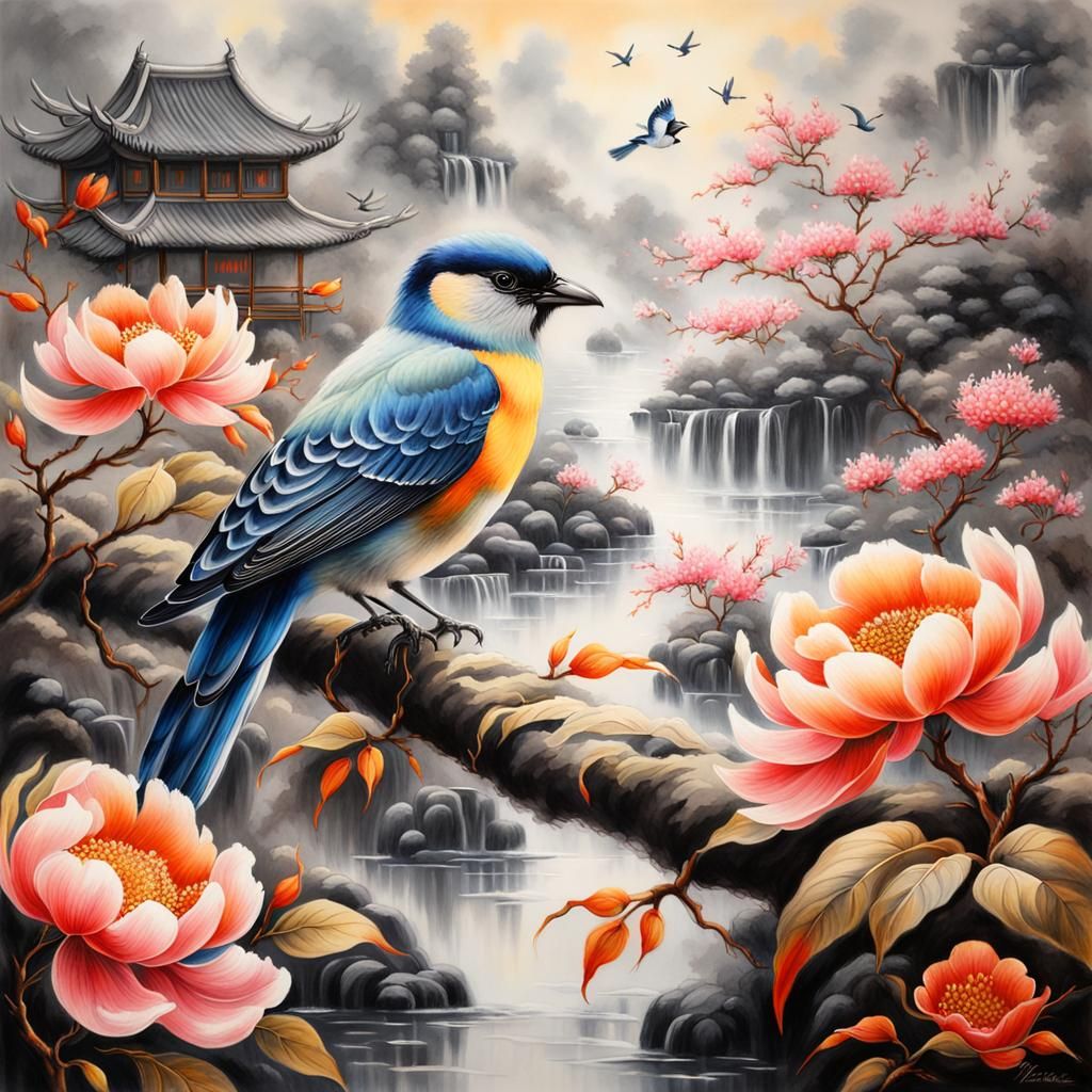 Ethereal Chinese Flower and Bird Painting