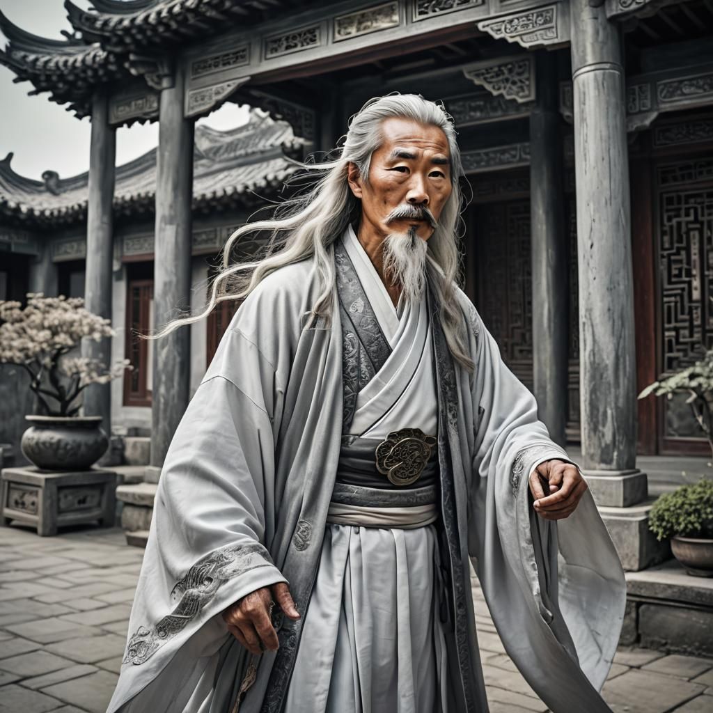Ethereal Old Chinese Man in Silver Hanfu
