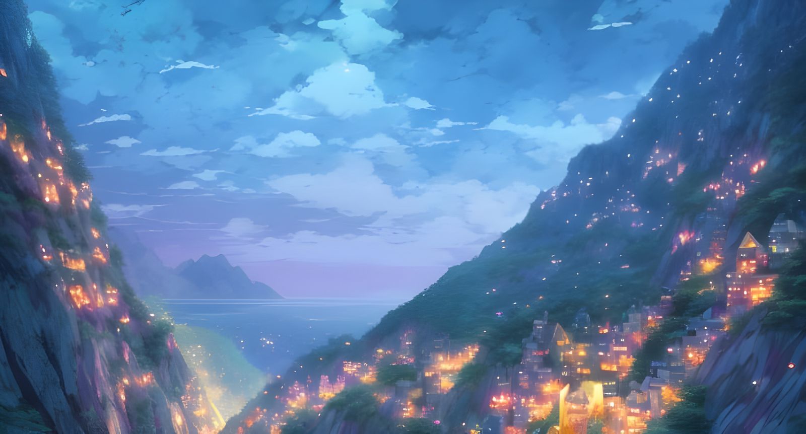 Mountain Village Lights at Lake, Cel-Shaded Illustration