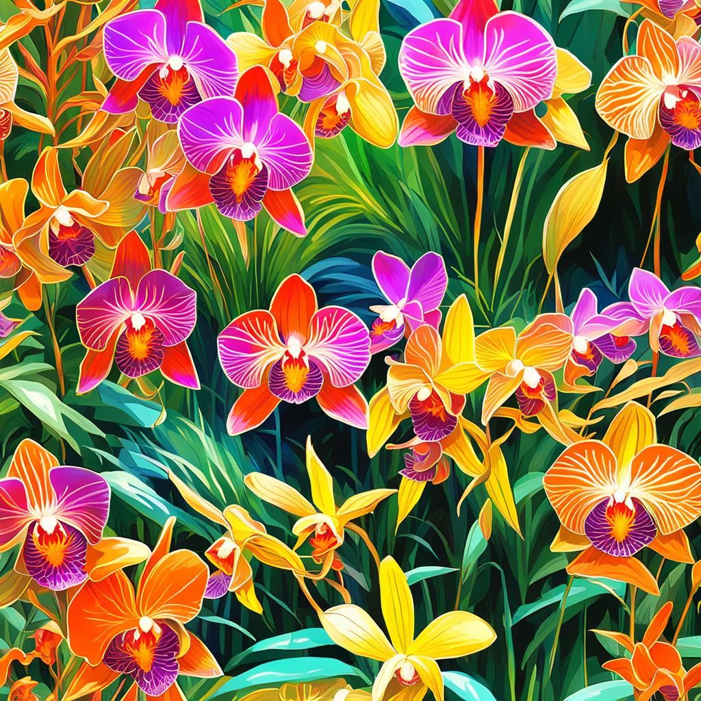 Cybertronian Gardenscape with Metallic Orchids and Futuristi...