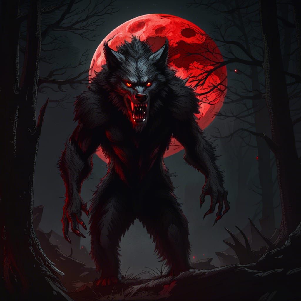 Black Werewolf in Dark Wood Under Blood Moon