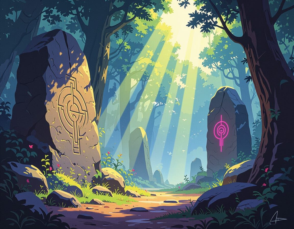 Mystical Forest with Ancient Symbols in Dreamlike Landscape