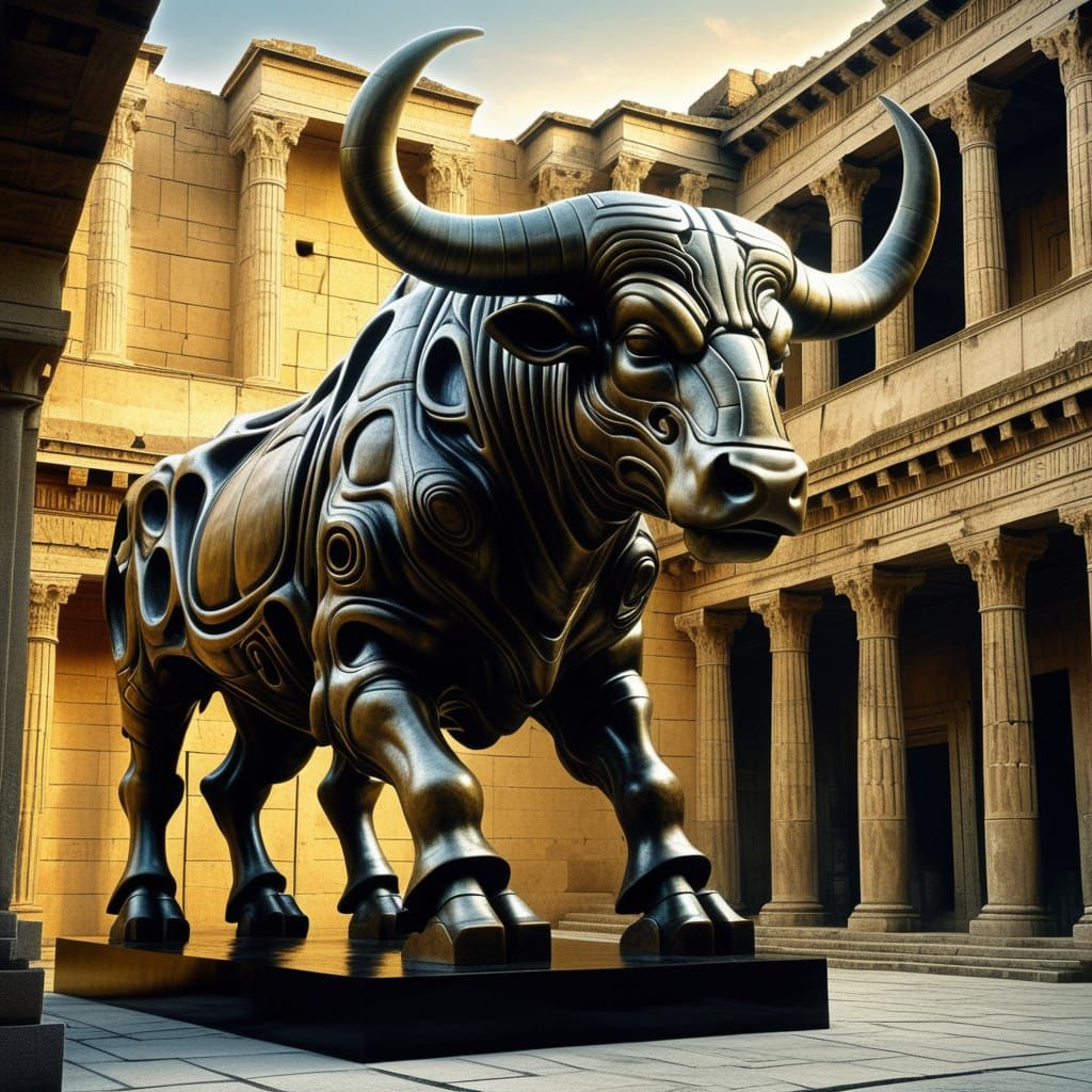 Classical Greek Bronze Bull Statue in Ancient Ruins