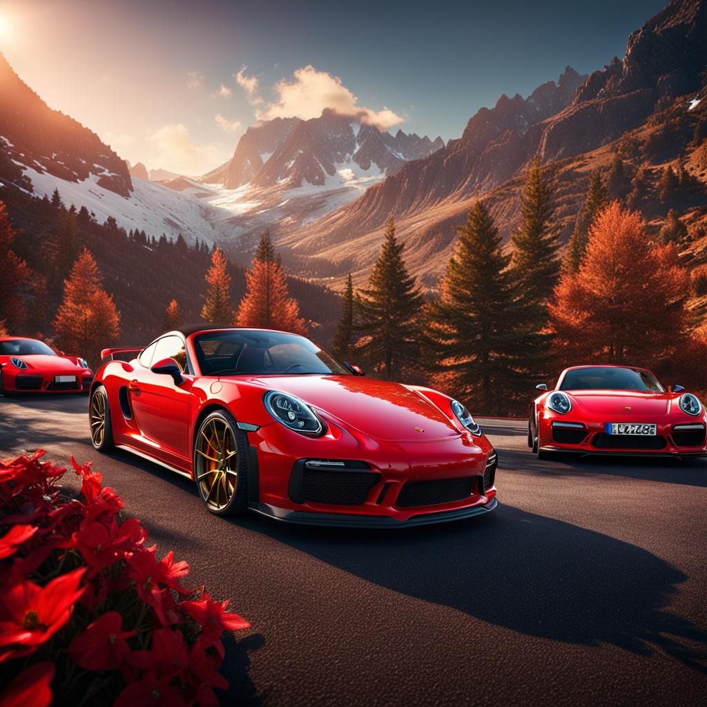 Porsche Cars in Mountain Landscape: Digital Matte Painting