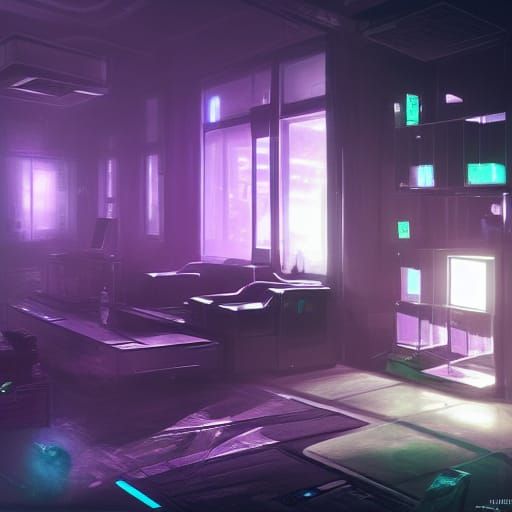 Gritty Sci-Fi Apartment in Neon Light, Concept Art