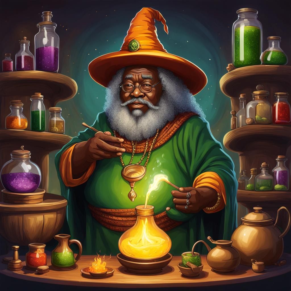 African Elf Wizard Brewing Potions