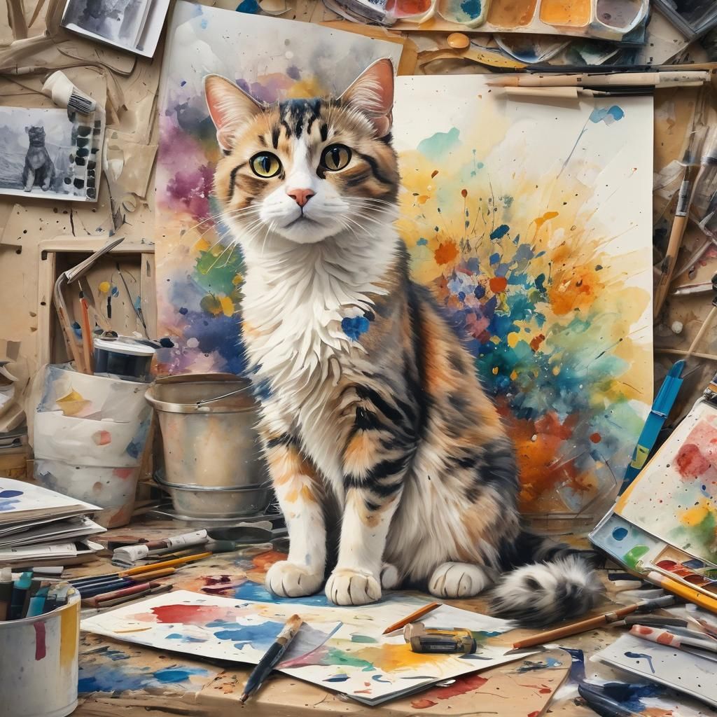 Cats in Watercolor Painting Studio, Playful Illustration