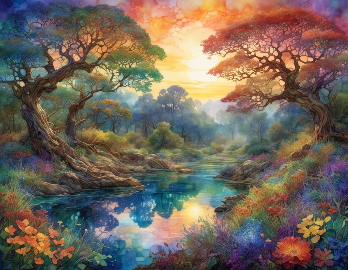 Colorful Meadow Landscape at Dawn as Splash Art