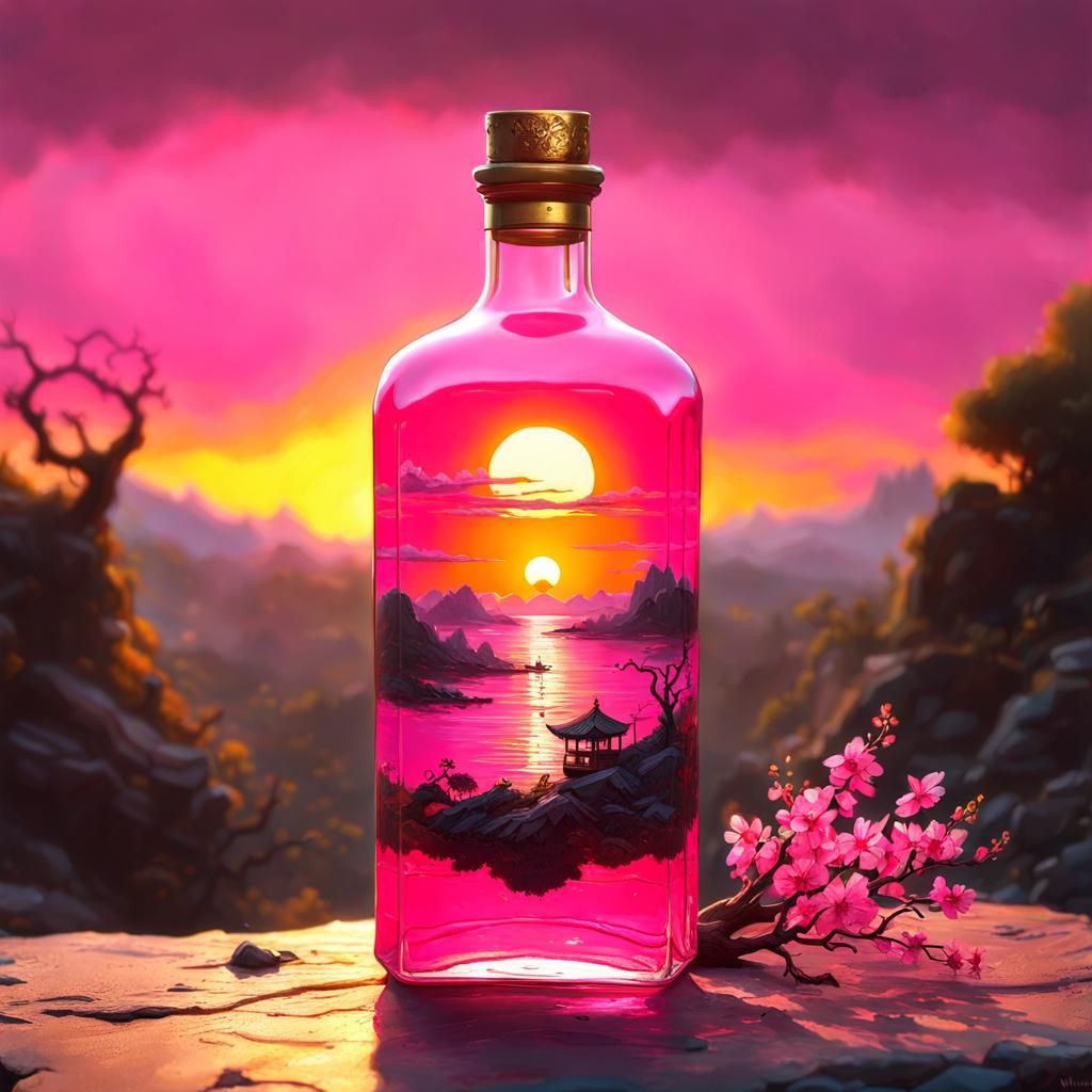 Scenes Within Scenes: Pink Sunset in a Bottle, Scenery Bottle, Glass Bottle Landscape (Juggernaut XL v5)