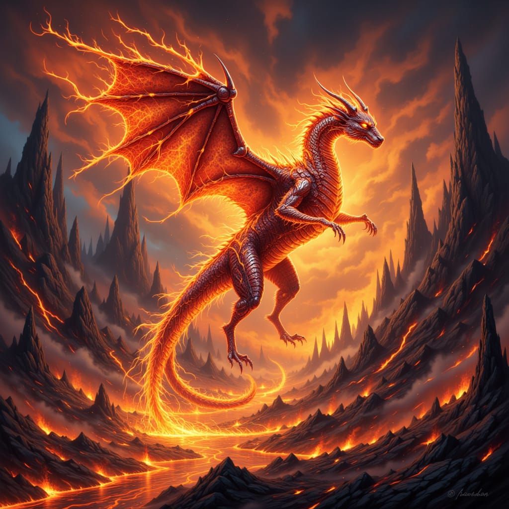 Lava Dragon Soaring Through Volcanic Sky