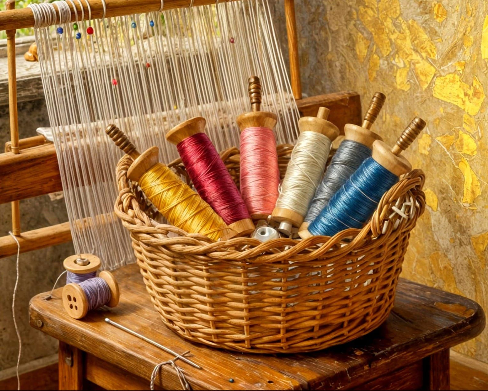Impasto Painting of Tapestry Weaving Bobbins on Cane Basket