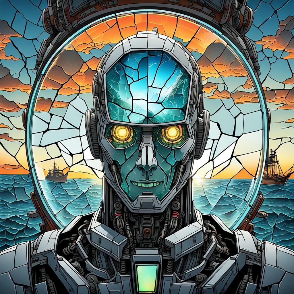 Cracked Glass Head with Ship: Hyperrealistic Neon Sunset