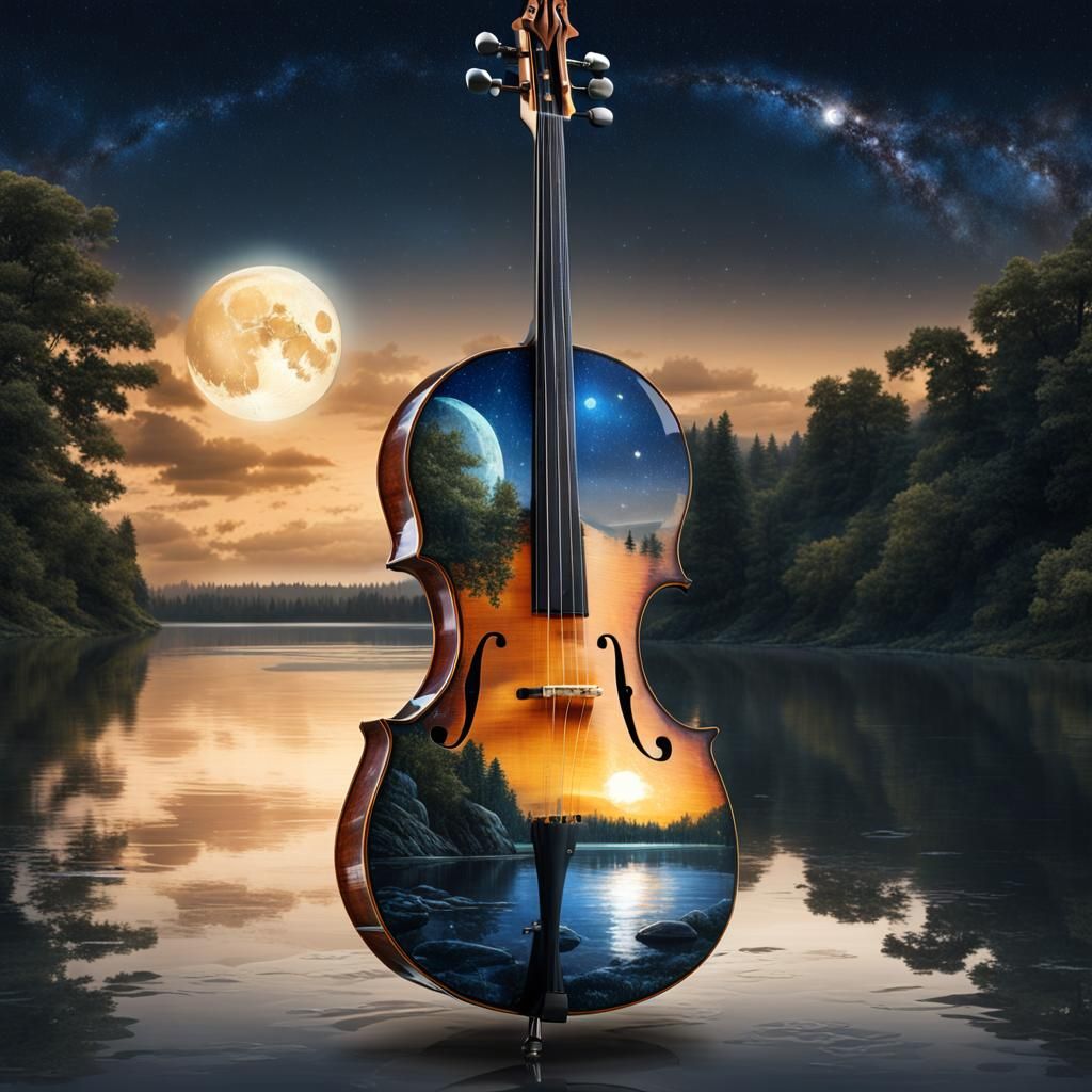 Glass Cello with River Under Moonlight