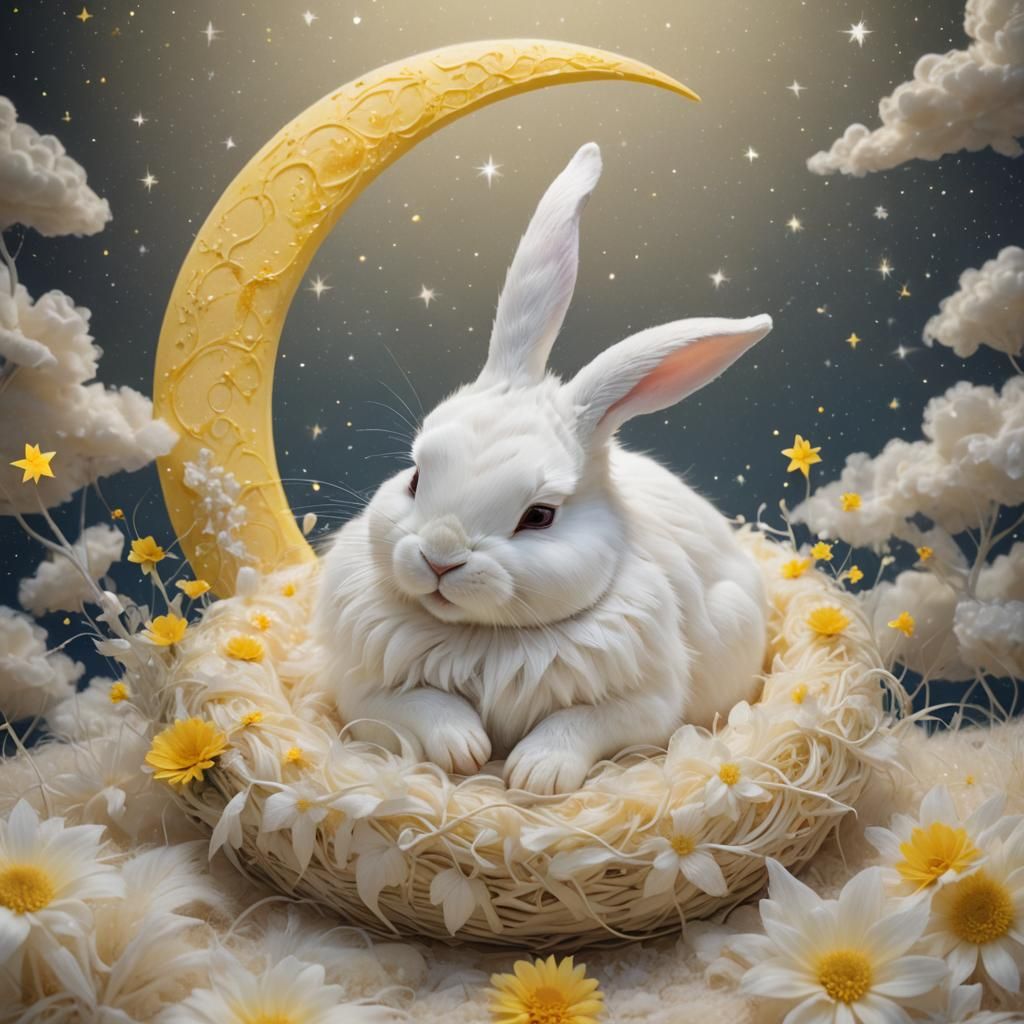 Cute Bunny Sleeping on Bioluminescent Moon