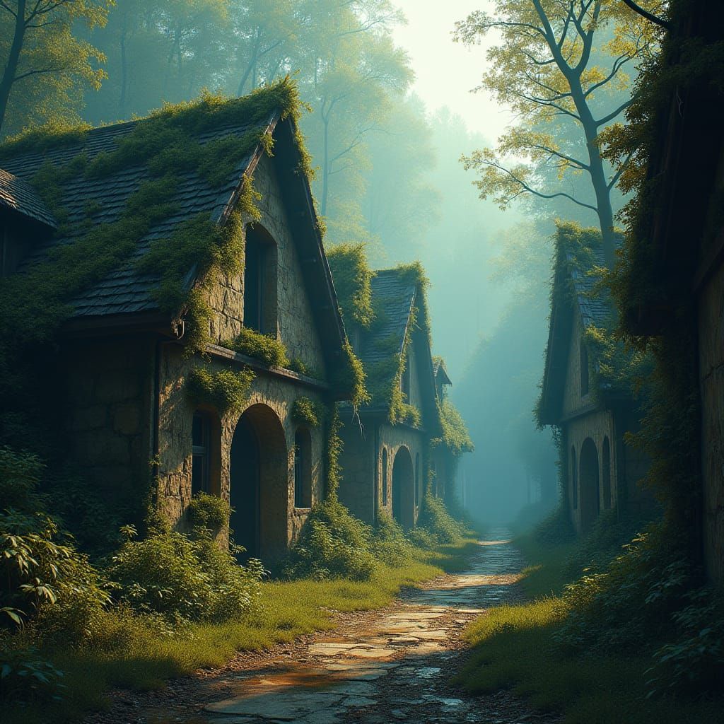 Ancient Village Embraced by Forest, Hyperrealistic Decay
