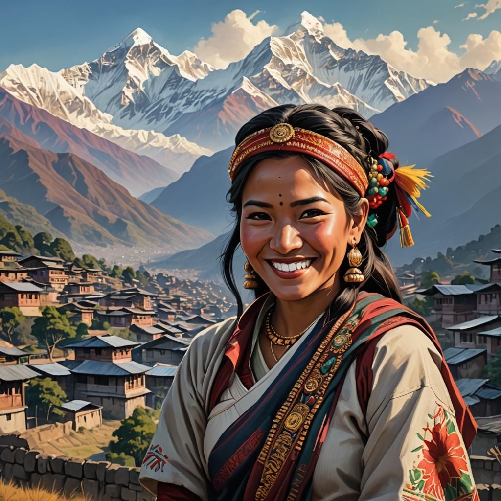 Smiling Gurka Woman in the Himalayas: Hyperrealistic Portrai...