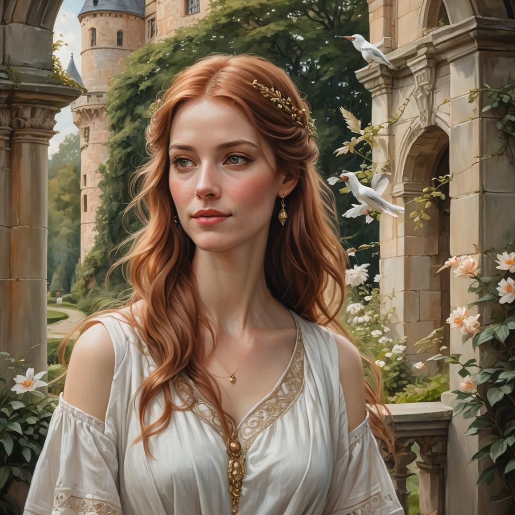 Woman with Bird in Dreamy Castle Garden