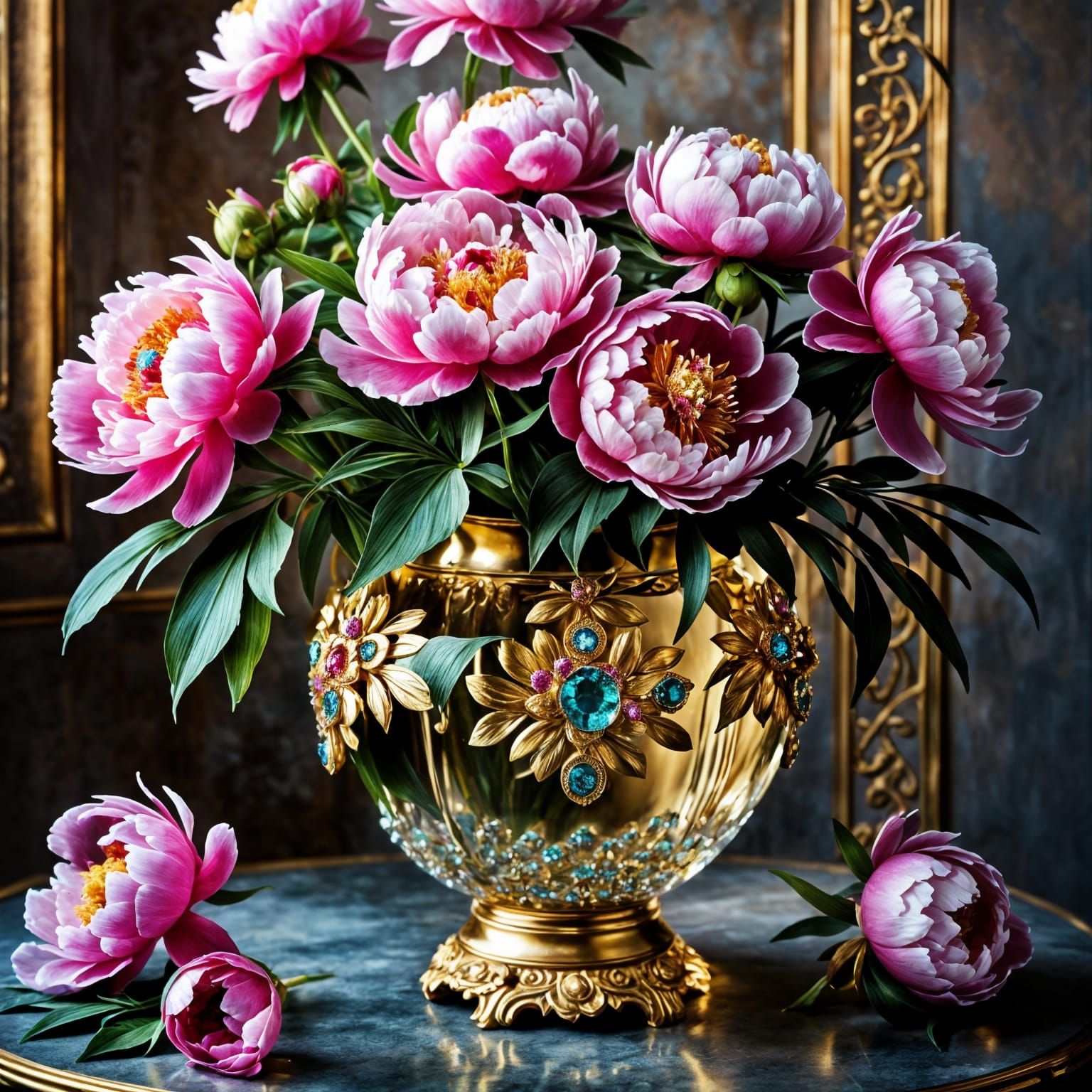Stunning Gold Vase of Pink Peonies