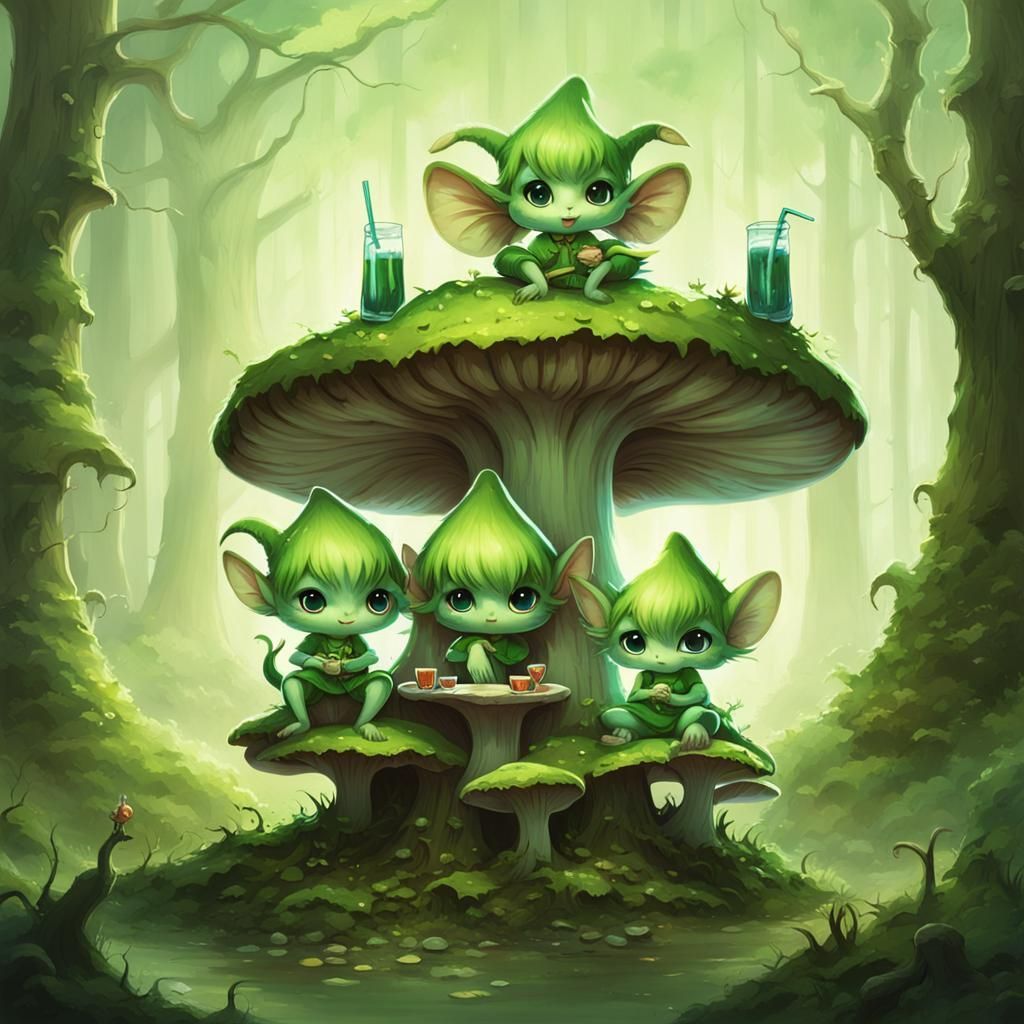 Green Pixies Sipping Soda on Mushroom