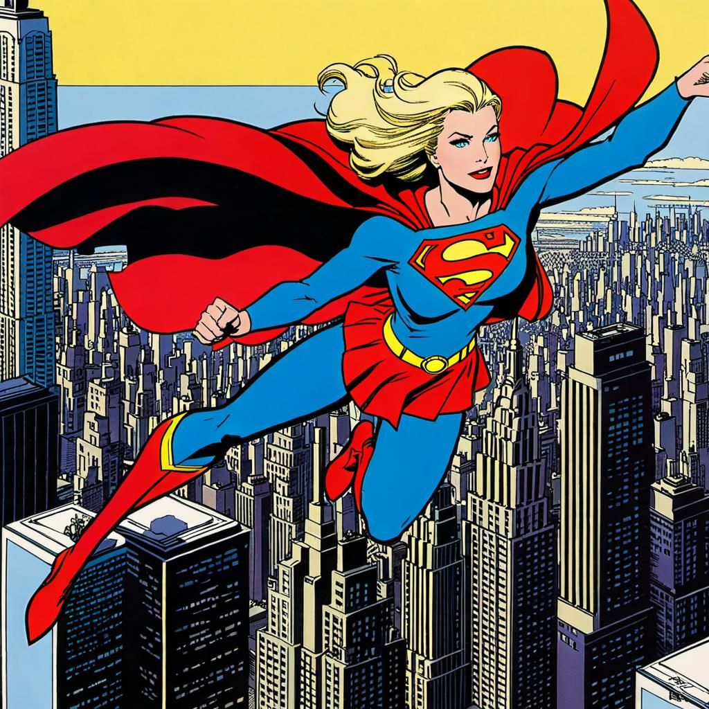 Supergirl Flying Over New York, Comic Book Art