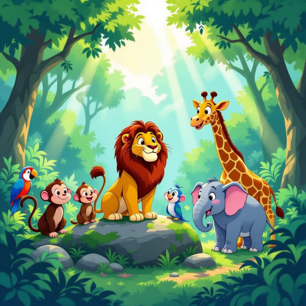 Joyful Jungle Scene with Lion and Smiling Animals